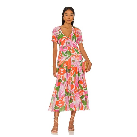 Banjanan Dresses & Skirts - BANJANAN Euphoric Bloom Vivid Floral Flowy Cotton Dress Blouson Sleeve Small